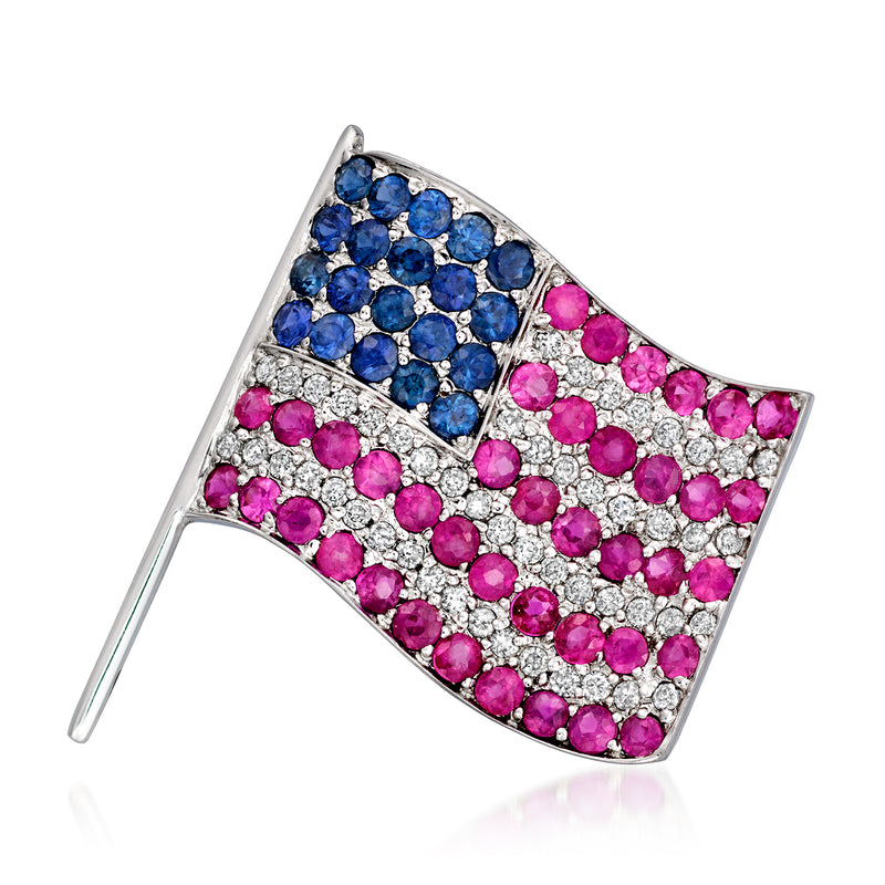 American flag gemstone pin in 18kt white gold with blue sapphires, pink rubies, diamonds