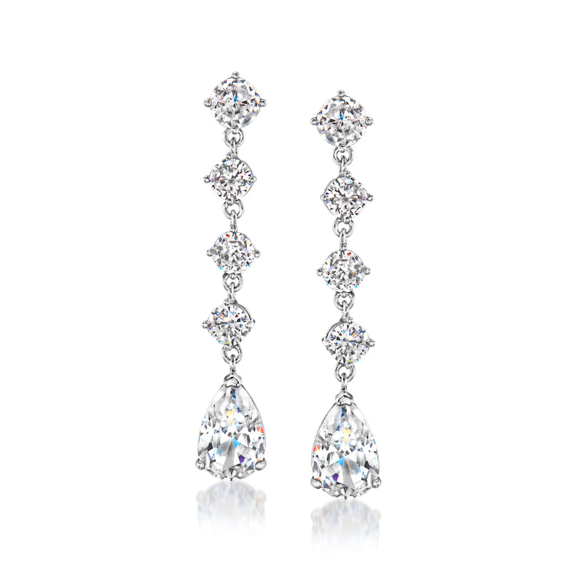 Sterling silver-plated drop earrings with dangling round and teardrop CZs
