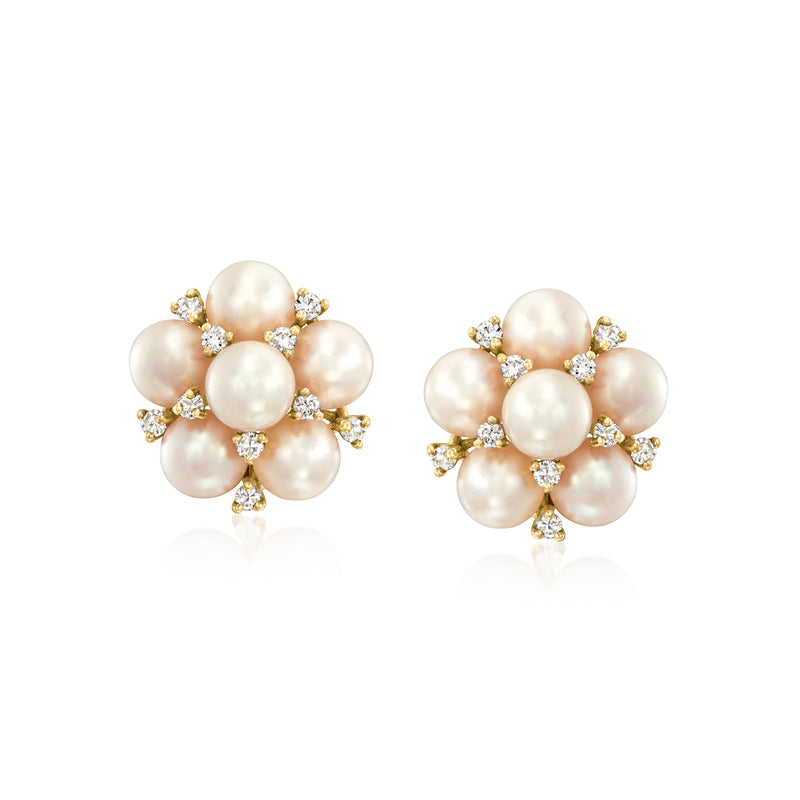 Vintage 14kt yellow gold pearl cluster stud earrings with white diamond accents