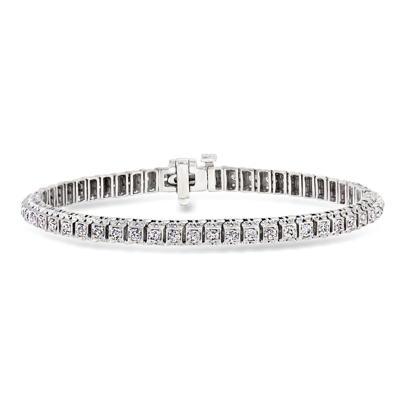 Diamond tennis bracelet in 14kt white gold, channel-set with round diamonds, clasp view