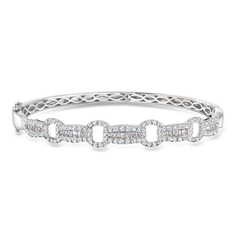 14kt white gold diamond bangle with linked oval and baguette-cut stones