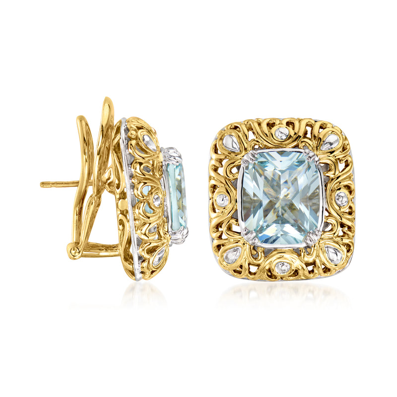 Two-tone gold cushion-cut aquamarine-style earrings, post and ornate halo setting