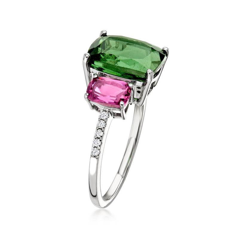 Platinum ring angled view with green tourmaline, pink stone, and diamond-accented band