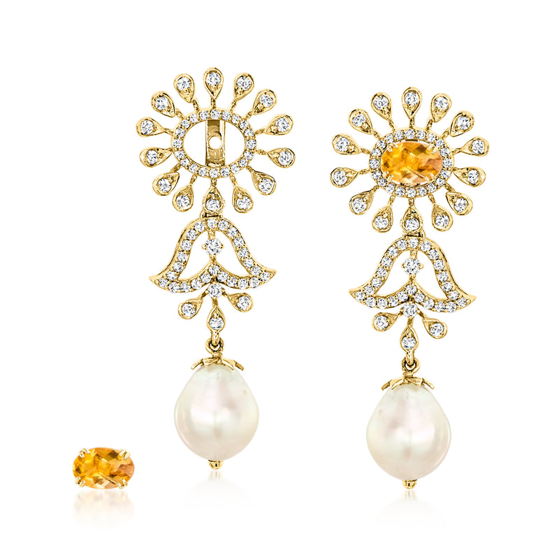 Gold post drop earrings with citrine center, diamond accents, and white cultured pearl dangles