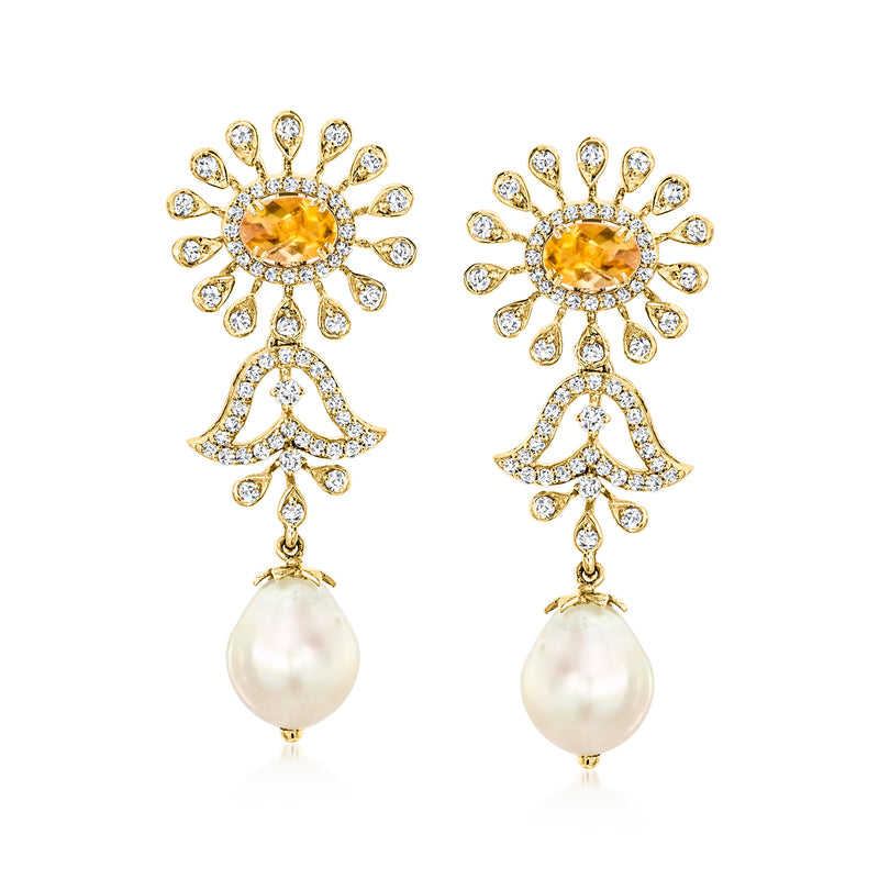 Interchangeable drop earrings with citrine sunburst tops and white pearl dangles