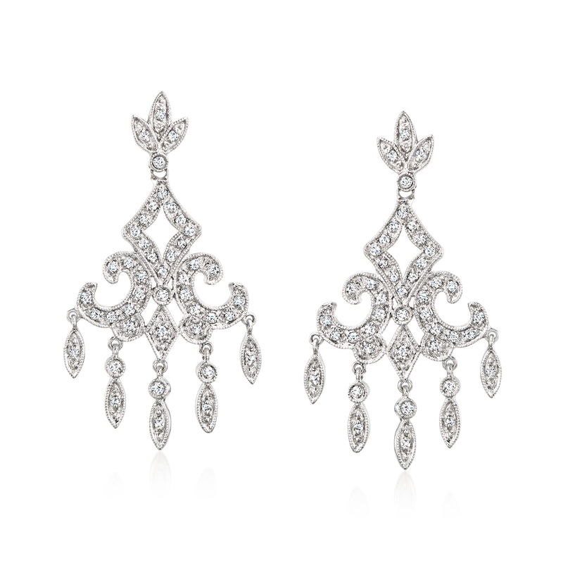 Diamond chandelier stud earrings, white gold with floral design and teardrop dangles