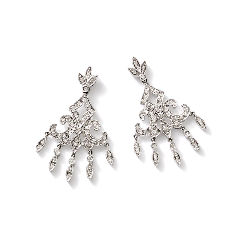 Diamond chandelier stud earrings, white gold with layered floral motifs and teardrop dangles