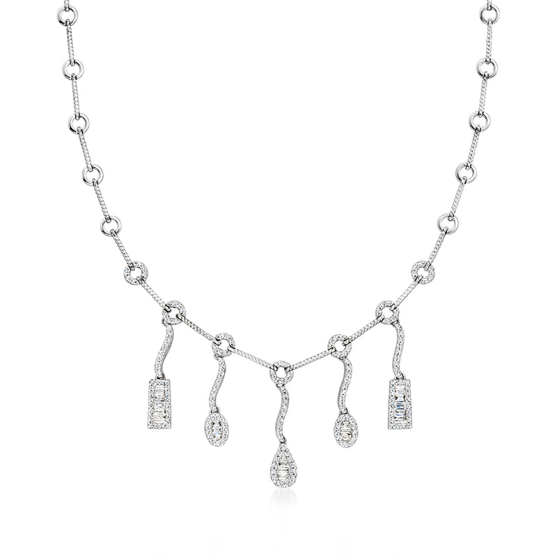 14kt white gold diamond drop necklace with linked chain and five dangling stones