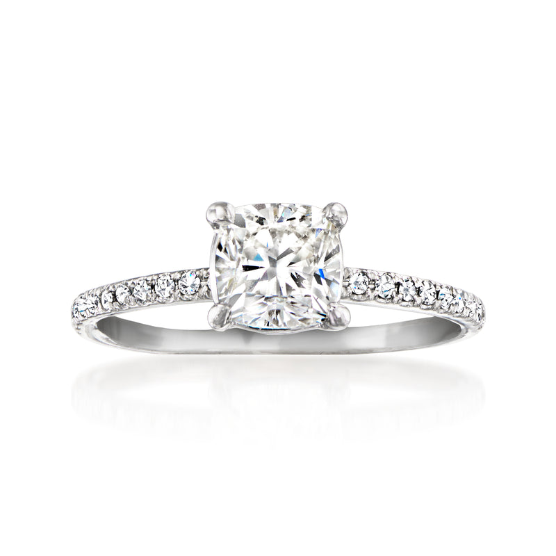 14kt white gold diamond ring with cushion-cut center stone and pavé band