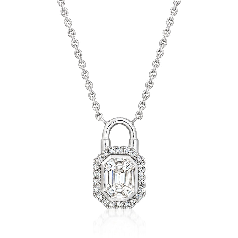 White gold diamond padlock pendant necklace with chain and arched lock top