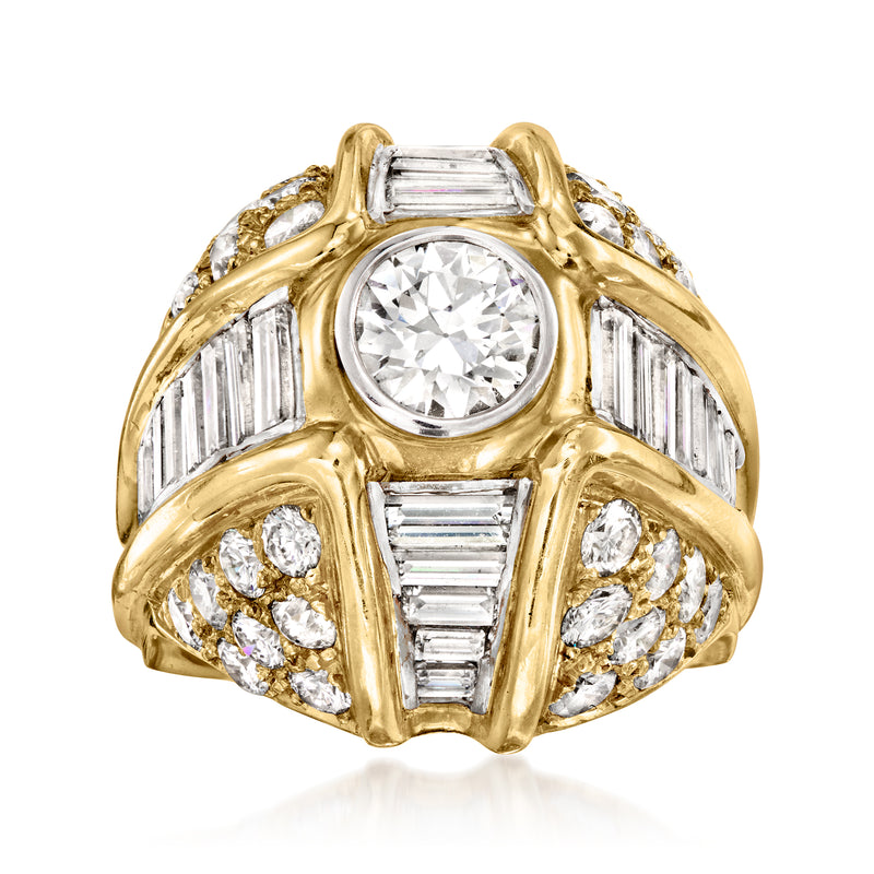 14kt yellow gold diamond cocktail ring with round center stone and baguette accents