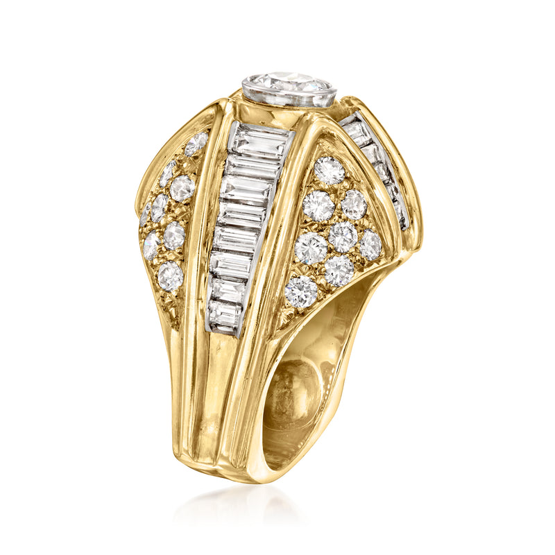 Diamond cocktail ring in yellow gold, side view with baguette and round clusters