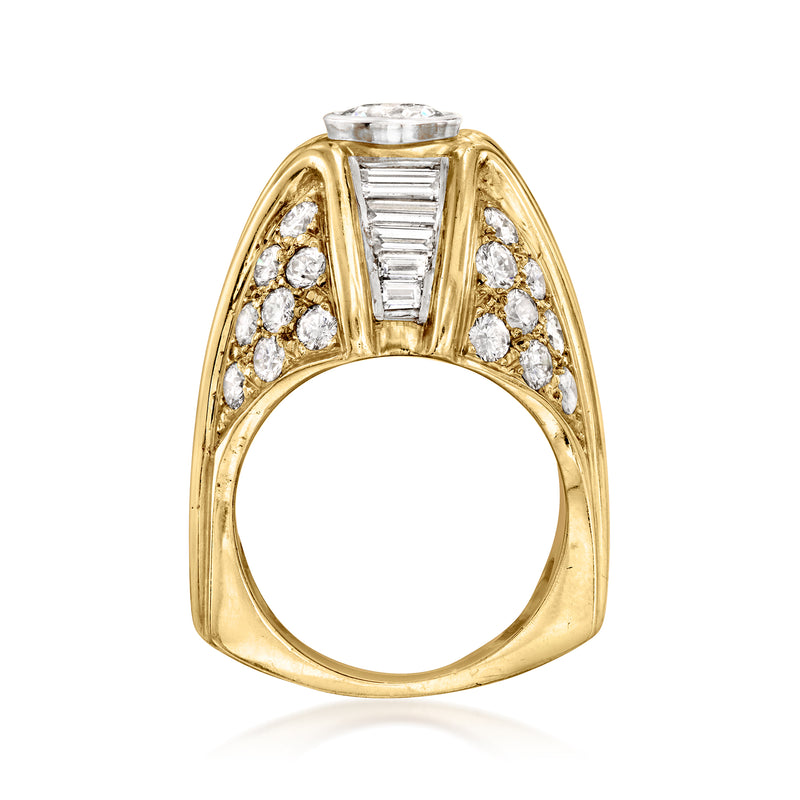 Diamond cocktail ring, underside view with baguette-set center and round side stones