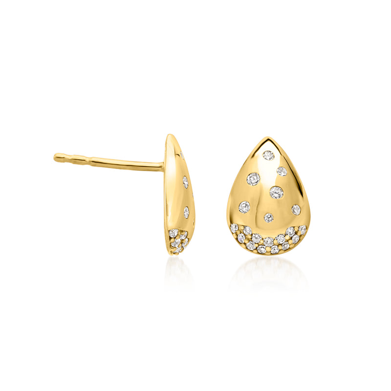 Gold teardrop diamond stud earring with visible post and side profile