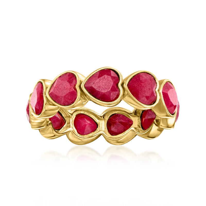 18kt gold over sterling ruby heart ring with red faceted hearts, wide band