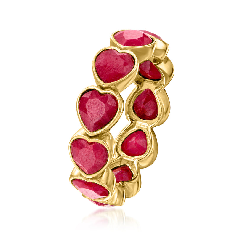 Gold over sterling ruby heart ring, five red heart gemstones in sculpted setting