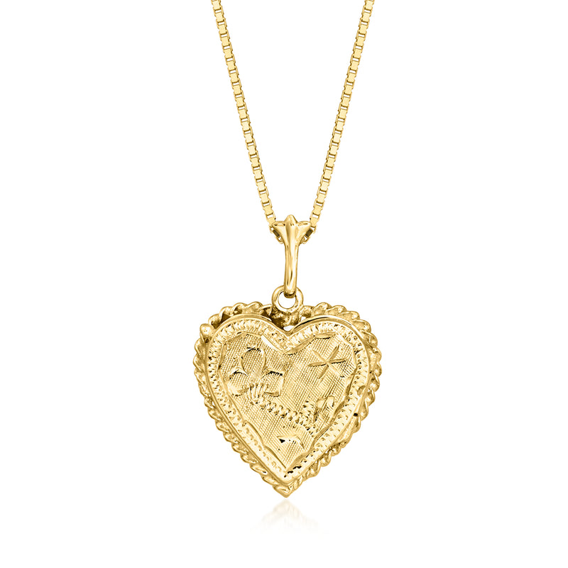 Vintage 14kt yellow gold heart locket necklace with link chain and engraved heart front