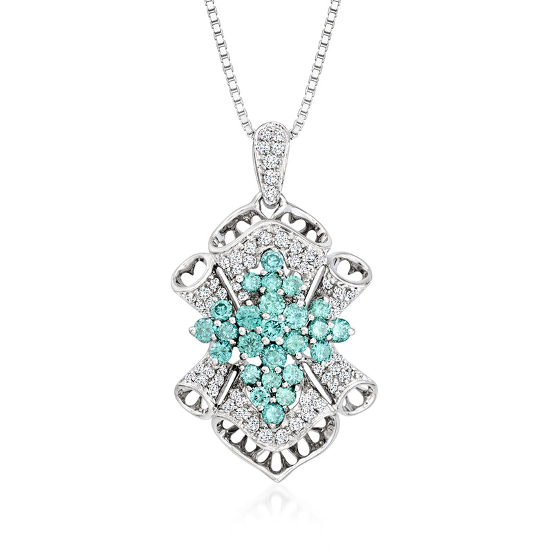 Vintage white gold pendant necklace with filigree scroll frame and teal gemstone cluster