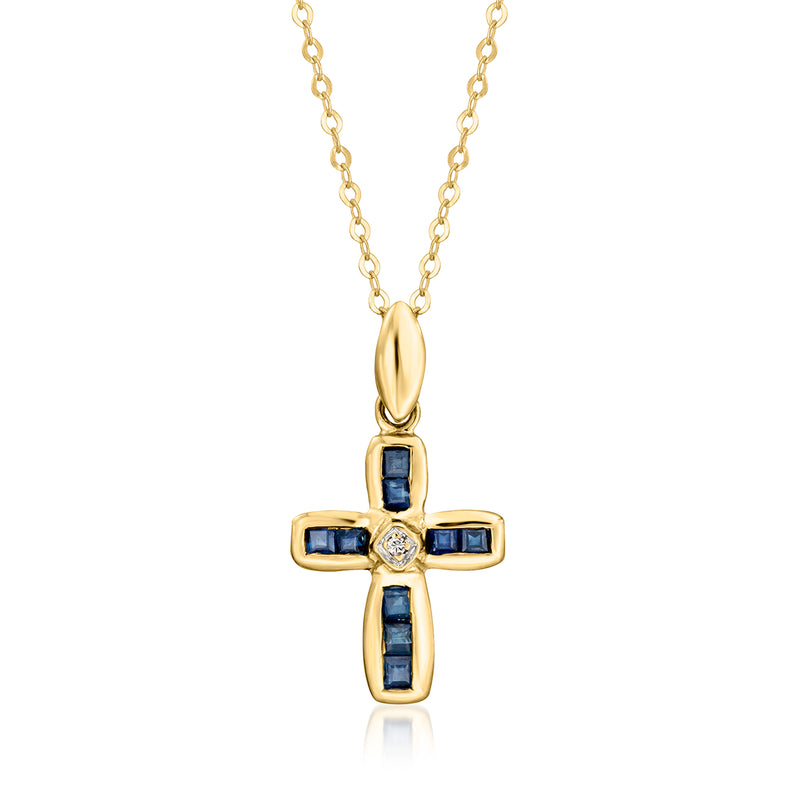Vintage cross pendant necklace in 10kt yellow gold with sapphire and single diamond