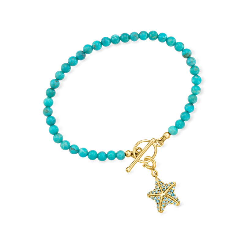 Turquoise bead toggle bracelet with gold clasp and dangling star charm