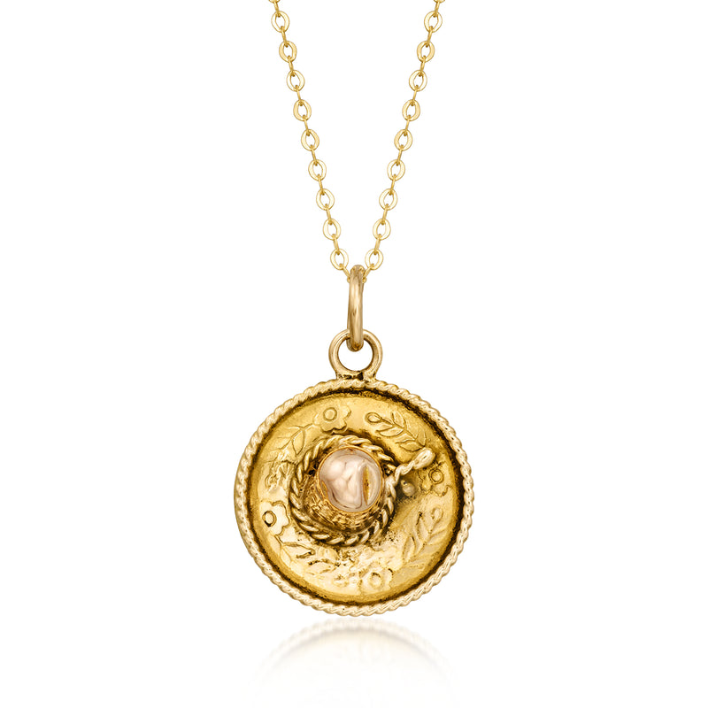 14kt yellow gold sombrero pendant necklace with oval center cabochon, round medal
