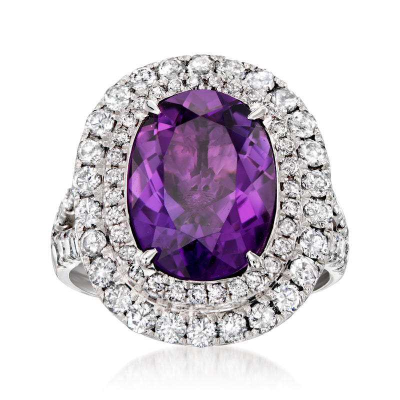 Platinum amethyst and diamond oval halo cocktail ring with large purple center stone