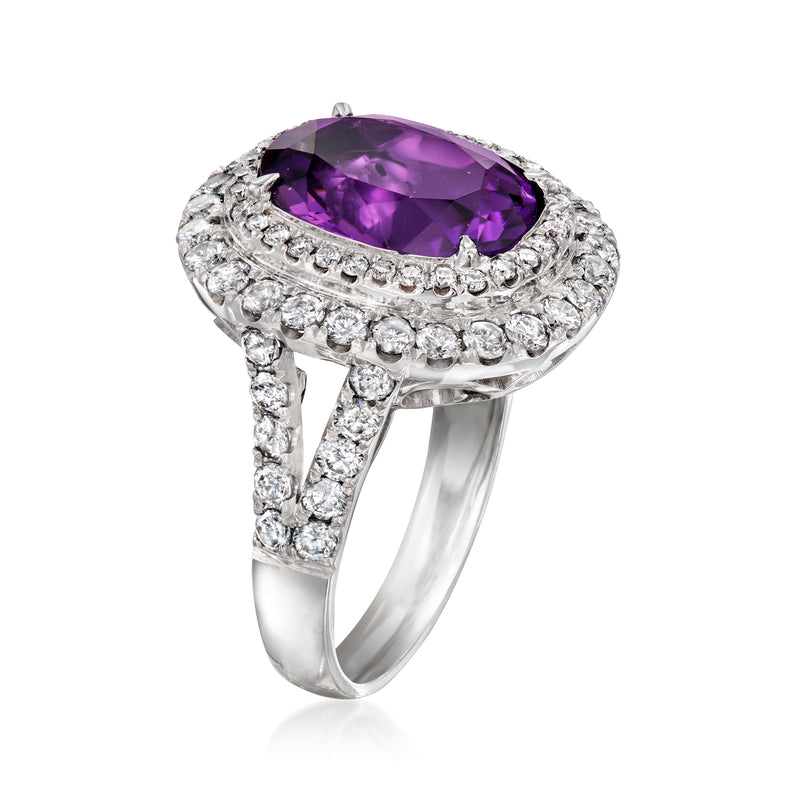 Platinum amethyst oval cocktail ring with diamond pave band and openwork shoulders