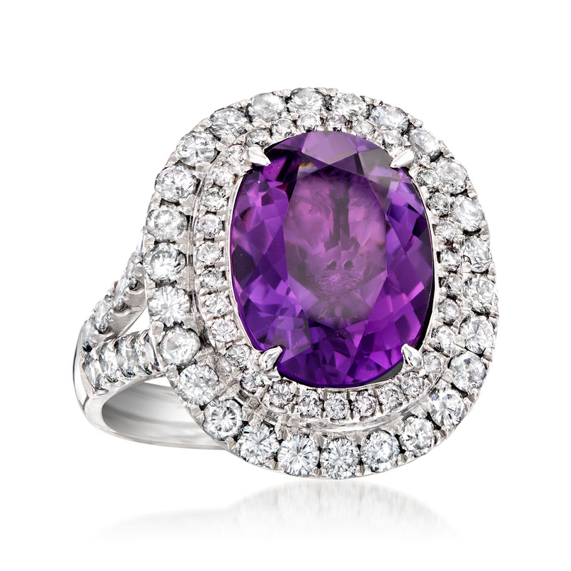 Platinum amethyst oval halo cocktail ring with sparkling diamond sidestones and prongs