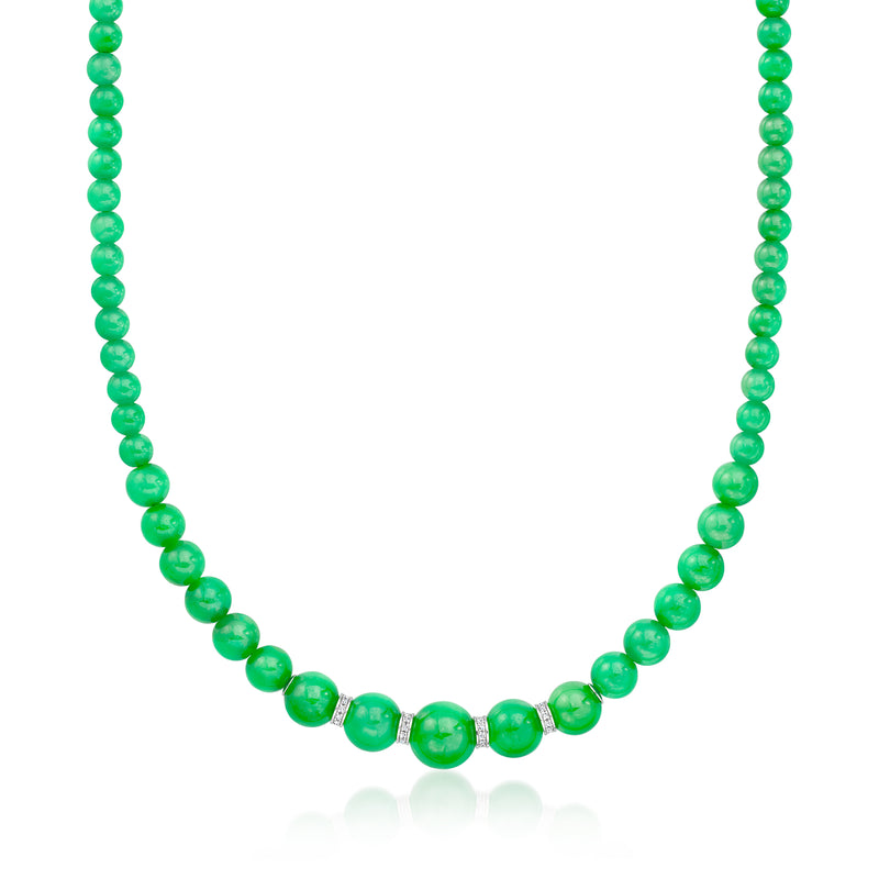 Green jade bead necklace with silver diamond accents, strung on a sterling chain.