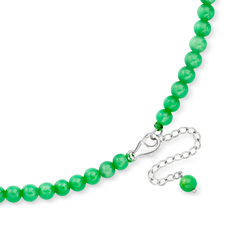 Green jade bead necklace with sterling silver clasp and chain, side view.
