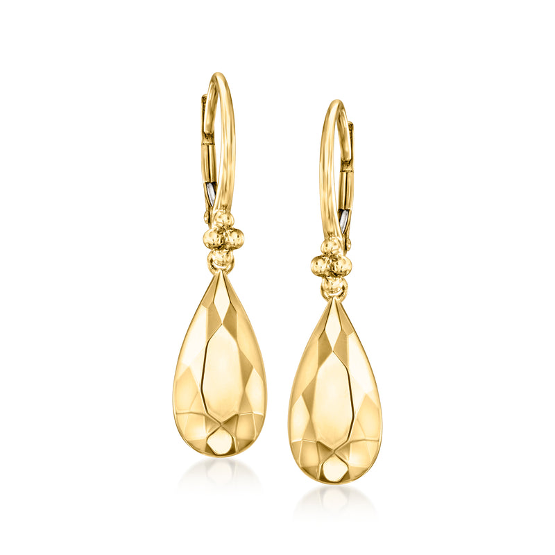 14kt yellow gold teardrop leverback earrings with faceted drop and small ball detail