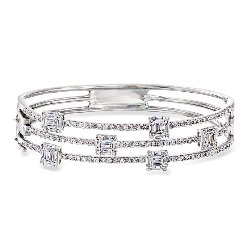 White gold diamond three-row bangle bracelet with rectangular step-cut settings