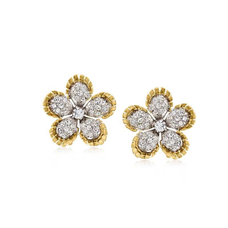 Two-tone gold diamond flower stud post earrings with round bezel-set stones