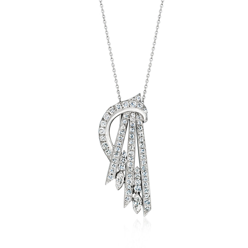 Platinum diamond pendant necklace with dangling marquise fringe design on a chain