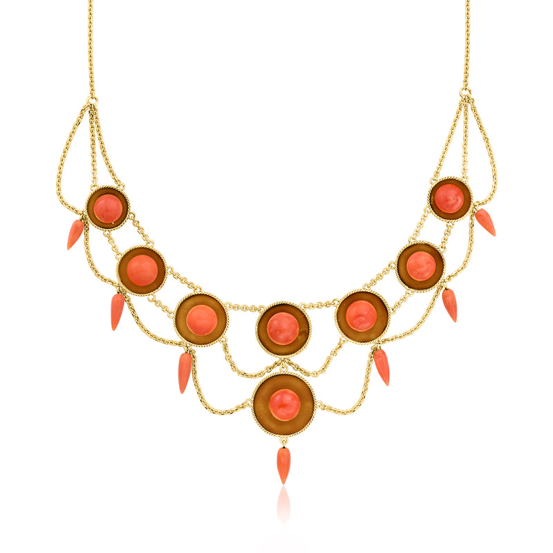 Vintage coral cabochon necklace in 14kt yellow gold with round orange centers and drops