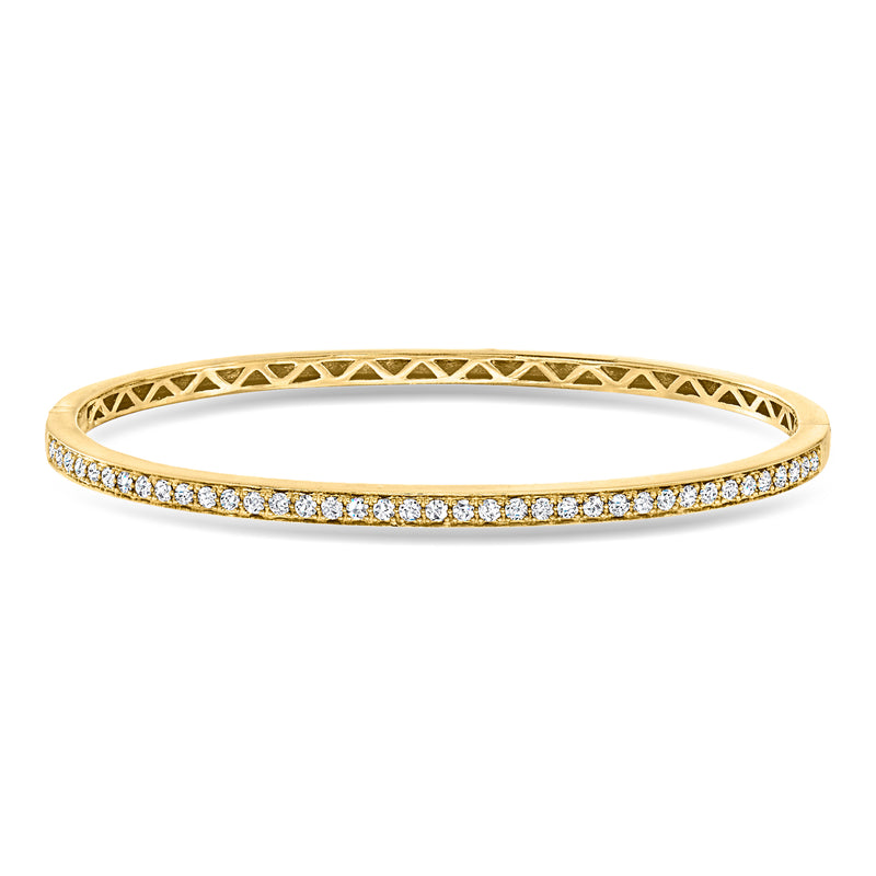 18k yellow gold diamond bangle bracelet with pave band and textured lattice sides