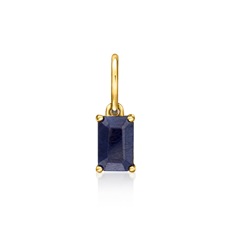 10kt yellow gold sapphire pendant with dark blue rectangular stone and four prongs