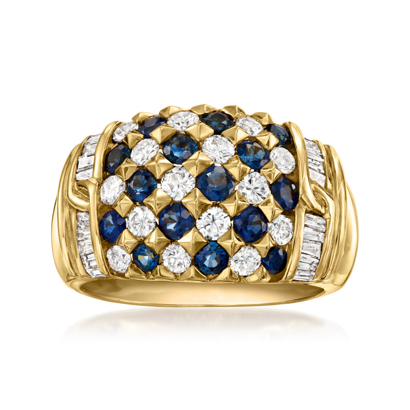 Yellow gold checkerboard ring with blue sapphires, white diamonds, and raised gold prongs