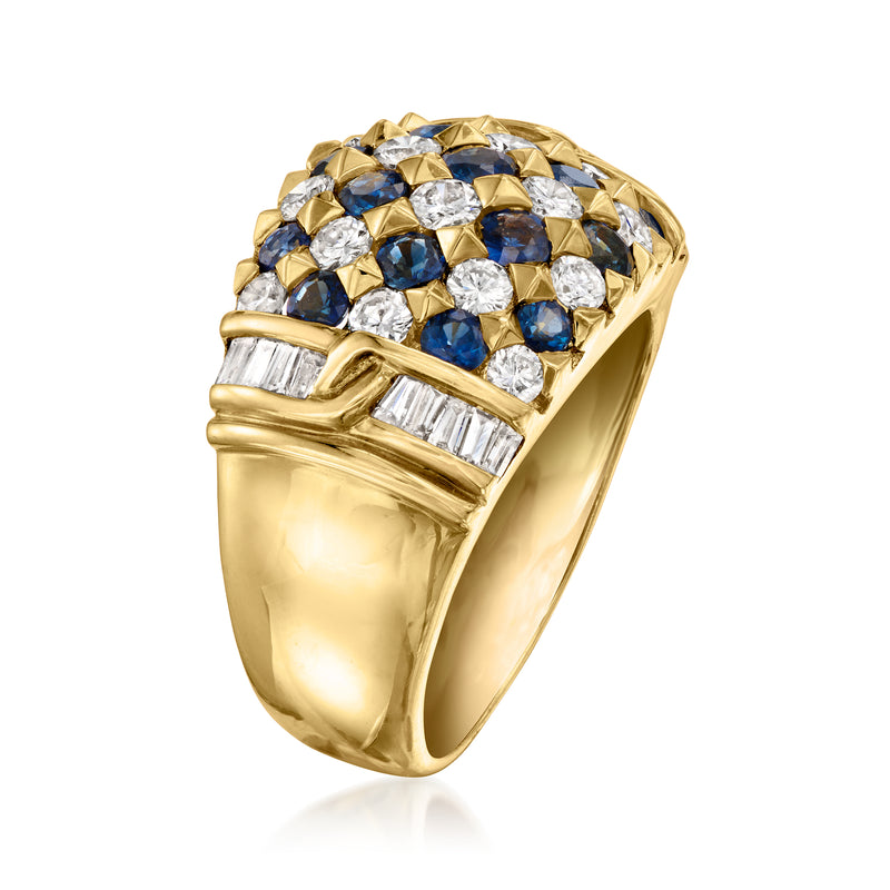 Yellow gold ring angled view with blue sapphire and white diamond checkerboard top