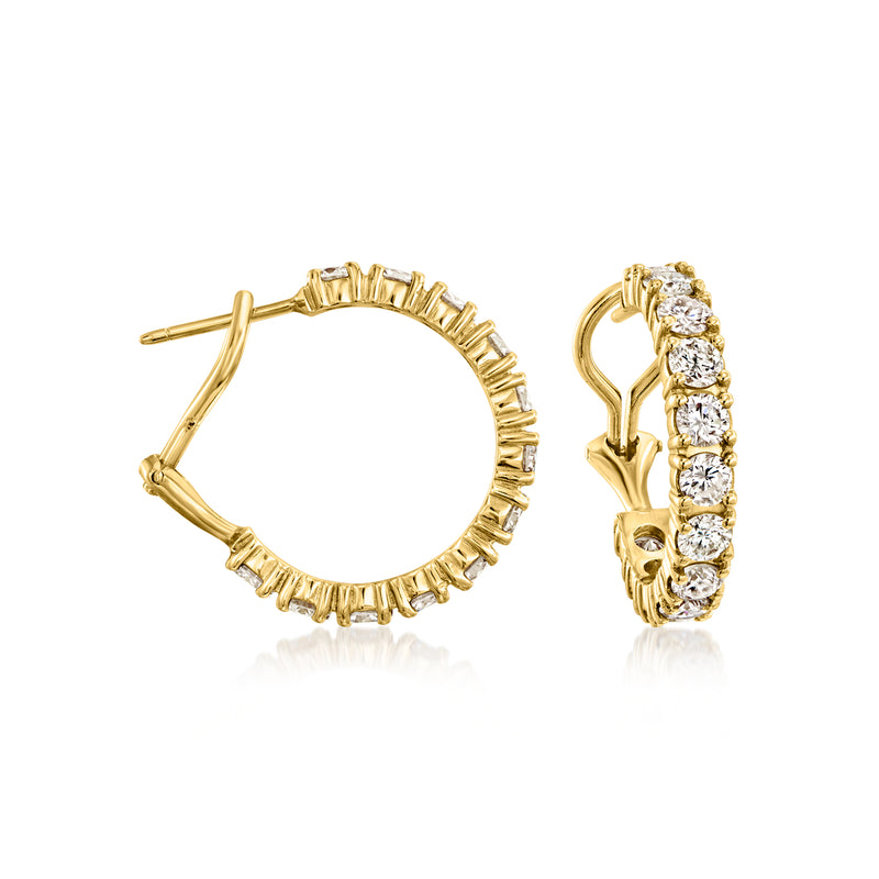 14kt yellow gold hoop earrings with clear round stones, hinged post closure