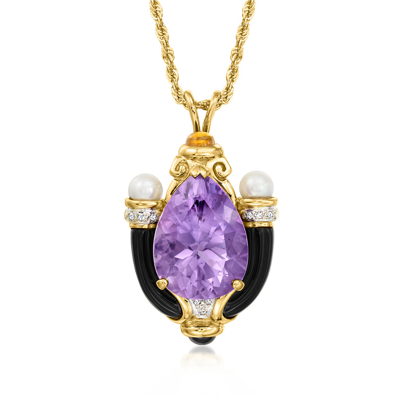 14kt yellow gold gemstone pendant necklace with purple amethyst, cultured pearls, diamond accents