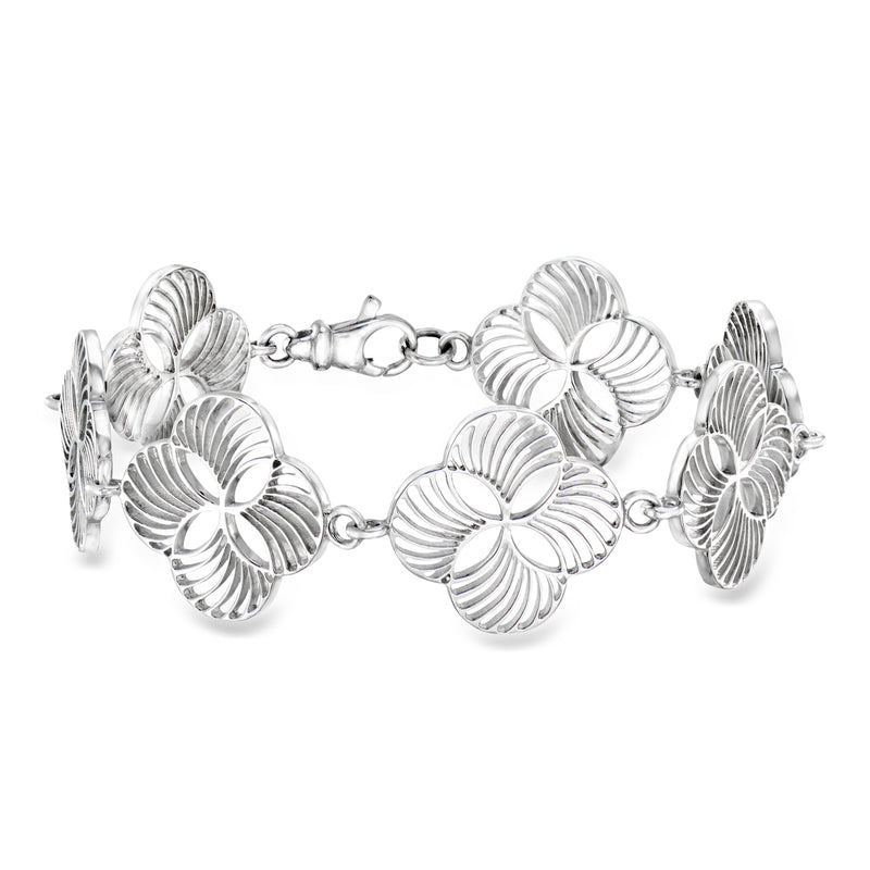 Sterling silver fan-link bracelet with quatrefoil fan medallions and clasp