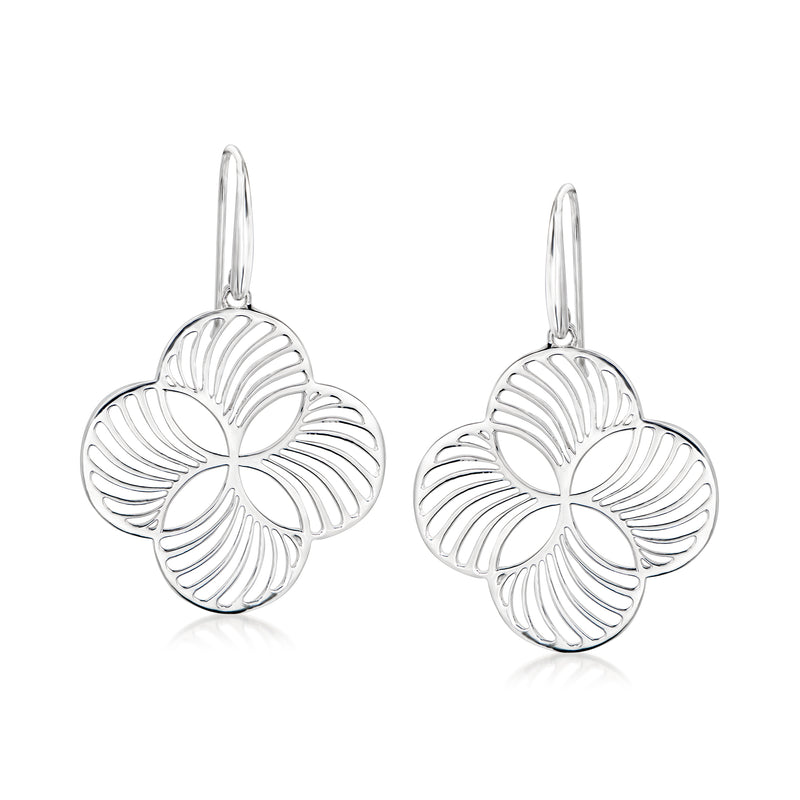 Sterling silver quatrefoil fan drop earrings with ribbed circular flower design