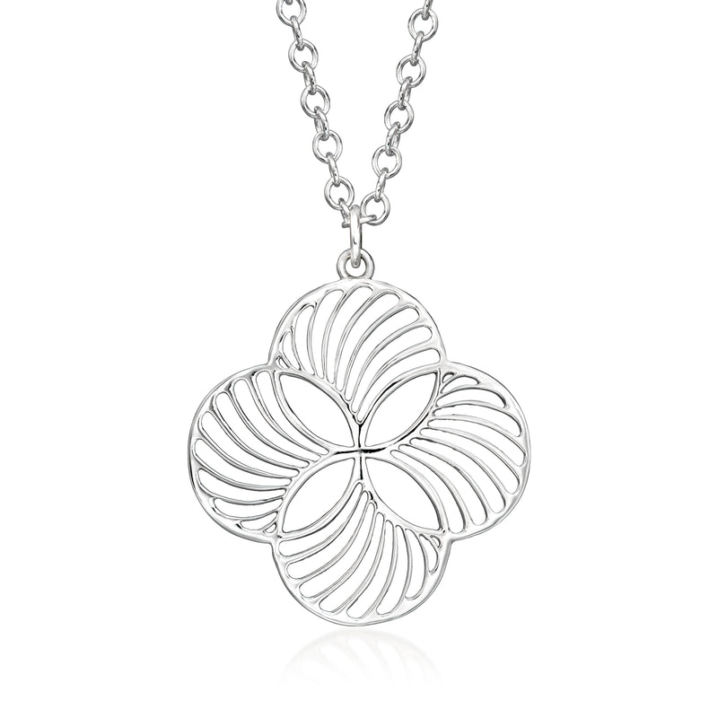 Sterling silver fan quatrefoil pendant necklace, circular openwork design