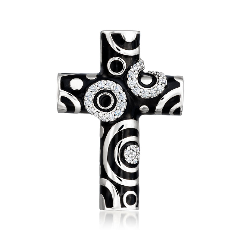 Sterling silver cross pendant with black enamel and clear CZ stones