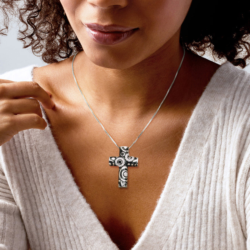 Sterling silver cross pendant with black enamel and clear CZ stones on chain