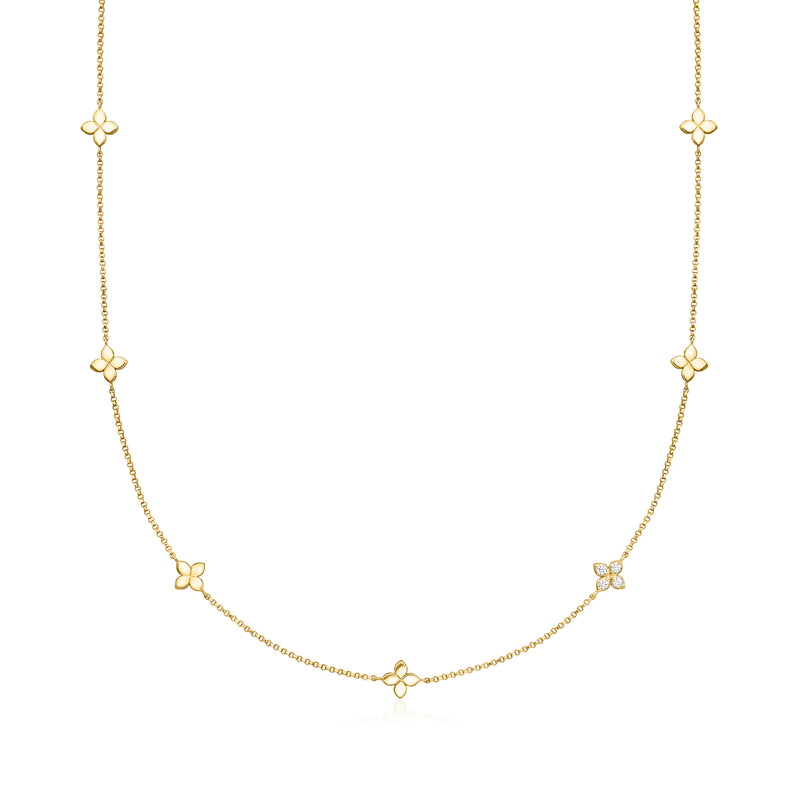 18kt yellow gold diamond flower station necklace with five small flower motifs
