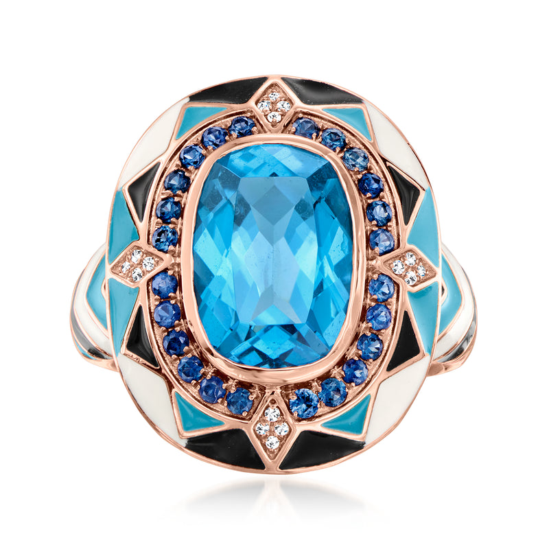 Oval blue gemstone ring with halo of blue sapphires, diamonds, and turquoise enamel trim