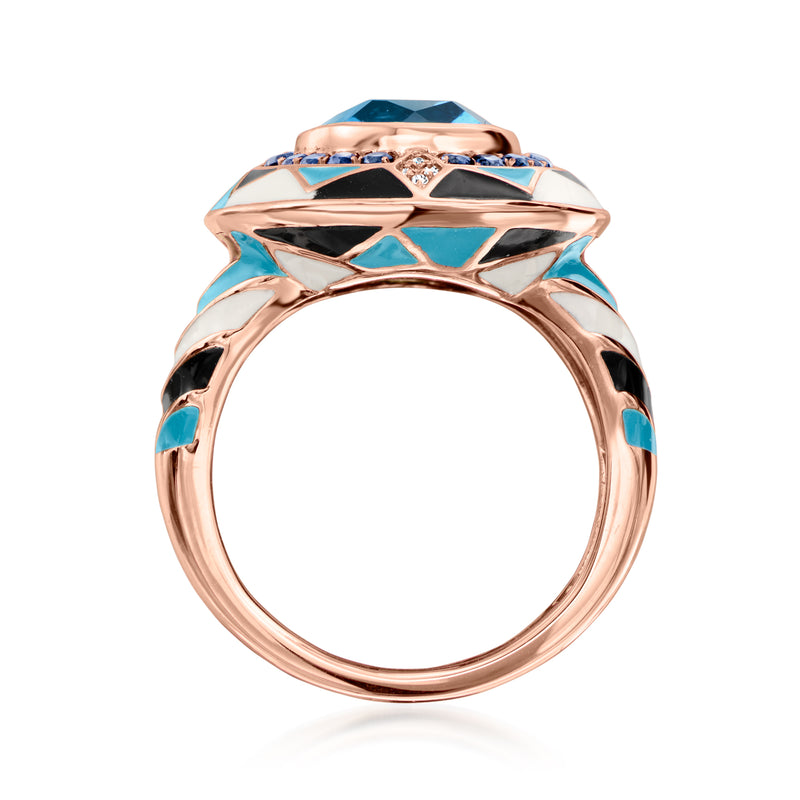 Rose gold vintage ring side view with blue topaz bezel, enamel panels, and diamond accents