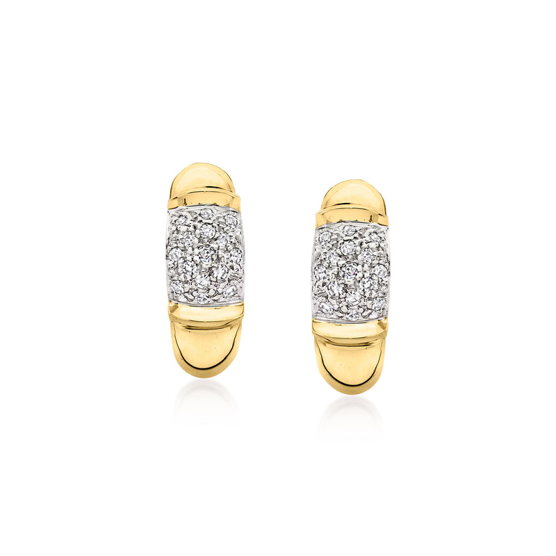 Two-tone 14kt gold curved earrings with diamond cluster center, hinged clip/post style